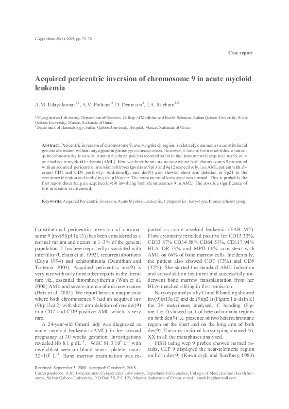 (PDF) Acquired pericentric inversion of chromosome 9 in acute myeloid ...