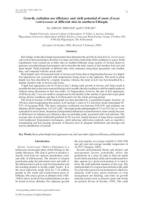 (PDF) Growth, radiation use efficiency and yield potential of enset
