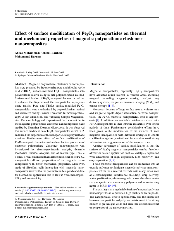 (PDF) Effect of surface modification of Fe3O4 nanoparticles on thermal ...