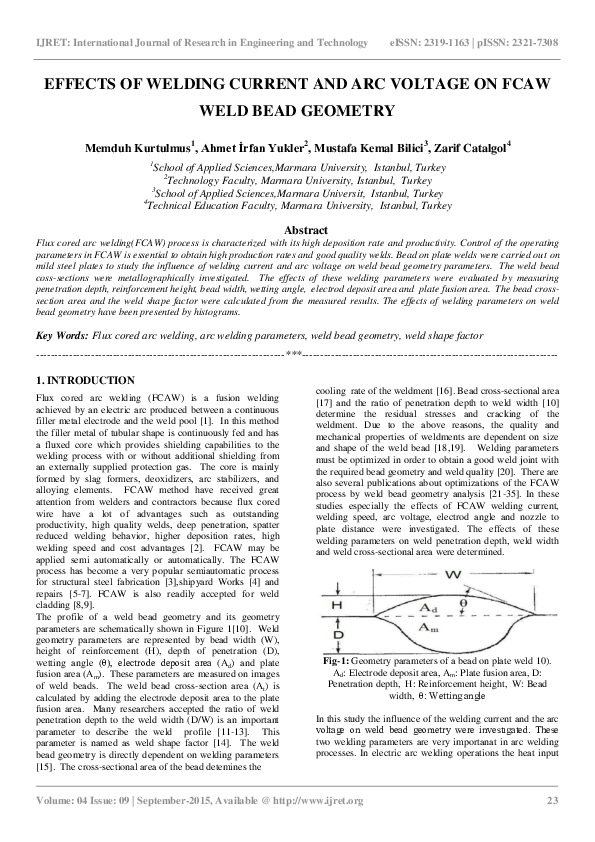 (PDF) EFFECTS OF WELDING CURRENT AND ARC VOLTAGE ON FCAW WELD BEAD GEOMETRY
