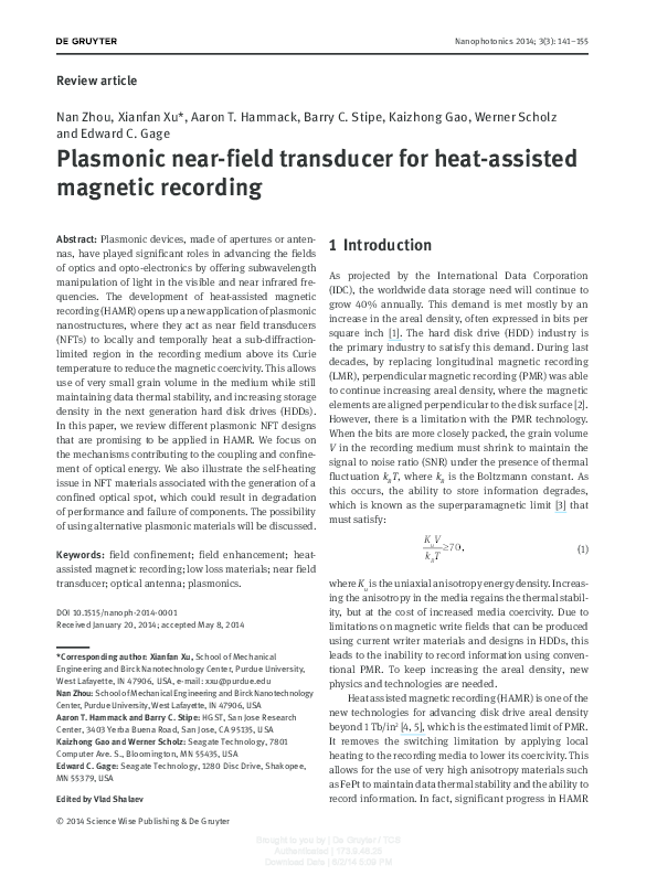 (PDF) Plasmonic nearfield transducer for heatassisted