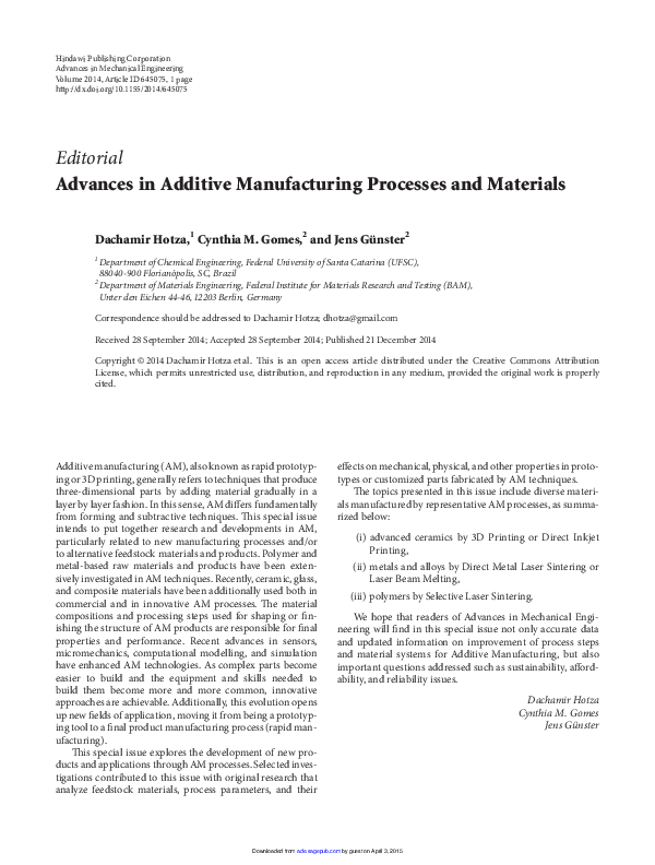 (PDF) Advances in Additive Manufacturing Processes and Materials