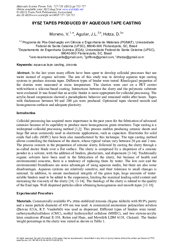 (PDF) 8YSZ Tapes Produced by Aqueous Tape Casting Dachamir Hotza