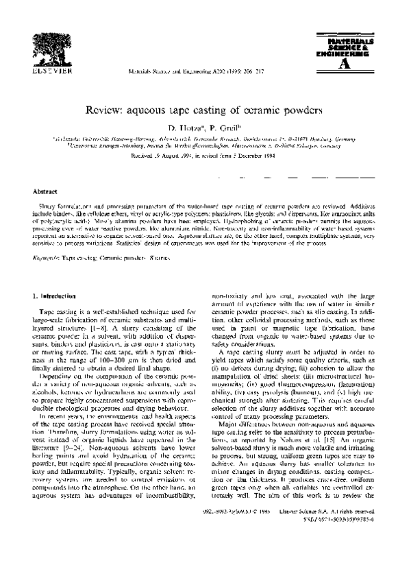 (PDF) Review aqueous tape casting of ceramic powders Dachamir Hotza