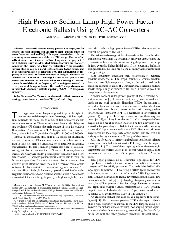 (PDF) High Pressure Sodium Lamp High Power Factor Electronic Ballasts Using ACAC Converters