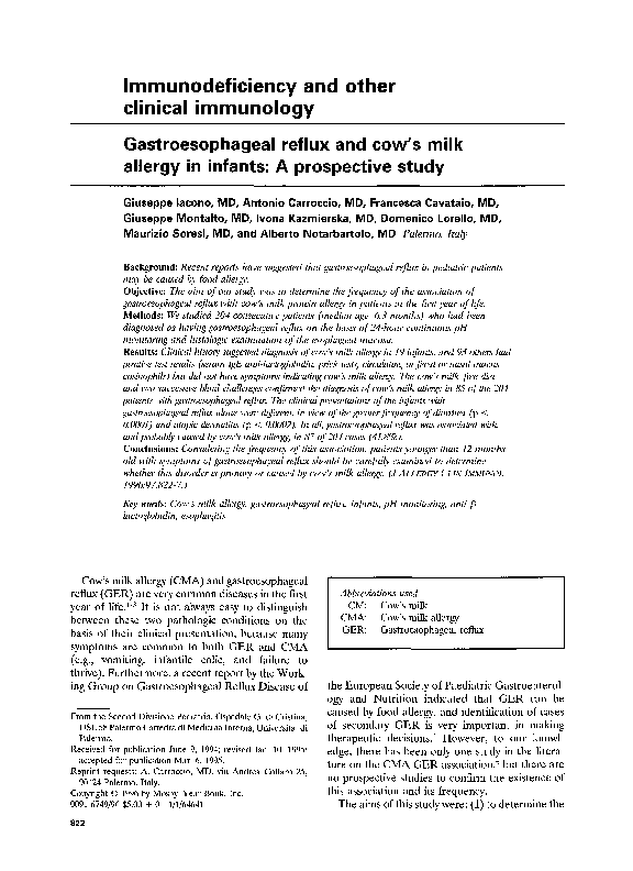 (PDF) Gastroesophageal reflux and cow's milk allergy in infants A prospective study Maurizio