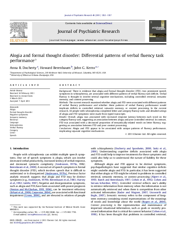 (PDF) Alogia and formal thought disorder: Differential patterns of ...