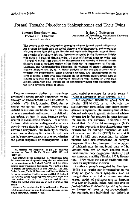 (PDF) Formal thought disorder in schizophrenics and their twins