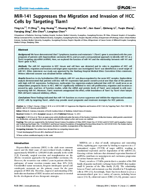 (PDF) MiR-141 suppresses the migration and invasion of HCC cells by ...