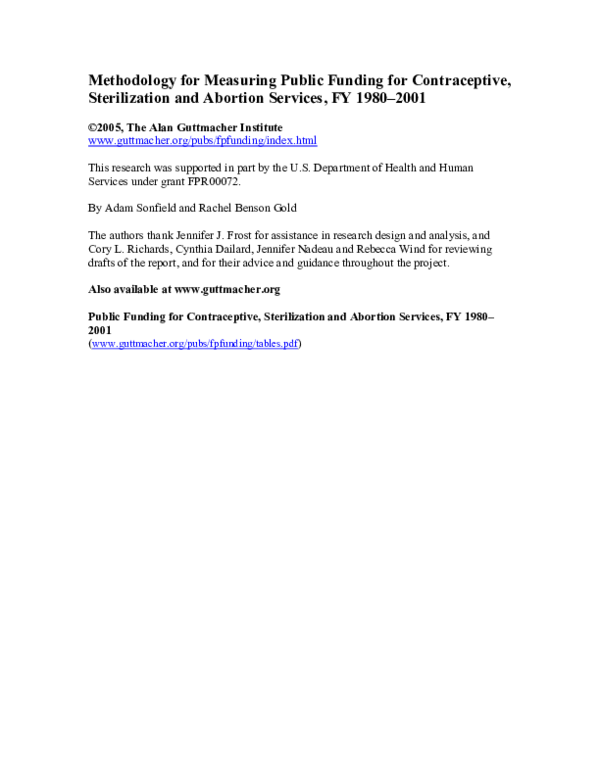 Methodology for Measuring Public Funding for Contraceptive, Sterilization and Abortion Services, FY 1980-2001