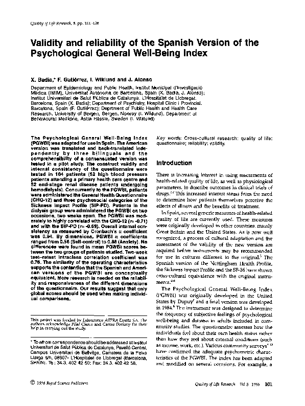 (PDF) Validity and reliability of the Spanish Version of the