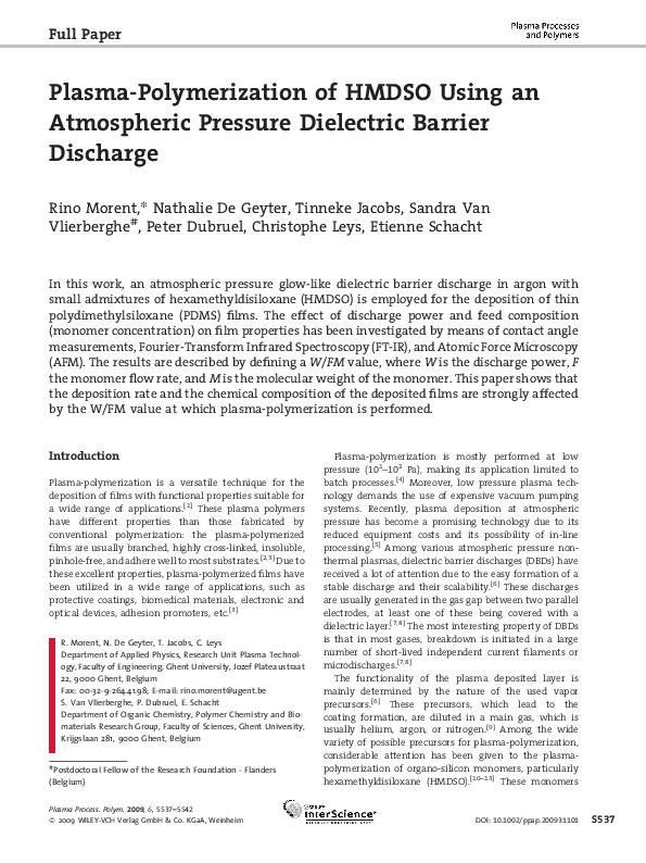 (PDF) Plasma-Polymerization of HMDSO Using an Atmospheric Pressure ...