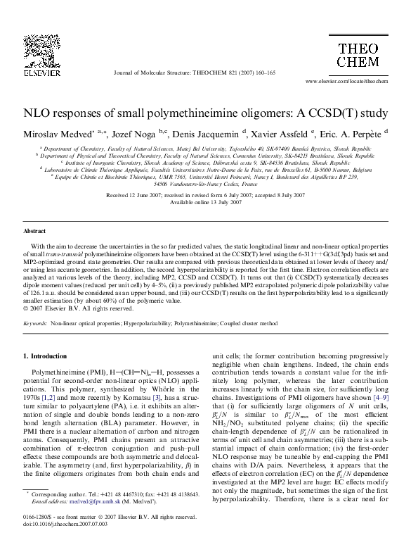  PDF NLO Responses Of Small Polymethineimine Oligomers A CCSD T 