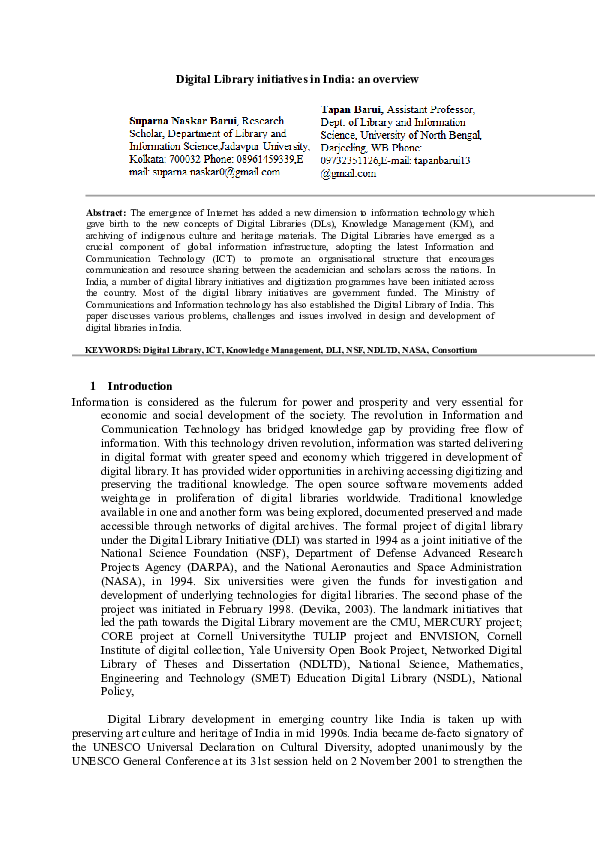 (DOC) Digital Library initiatives in India an overview Suparna