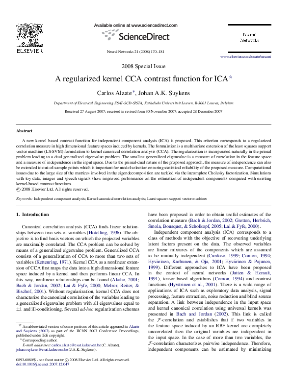 (PDF) A regularized kernel CCA contrast function for ICA