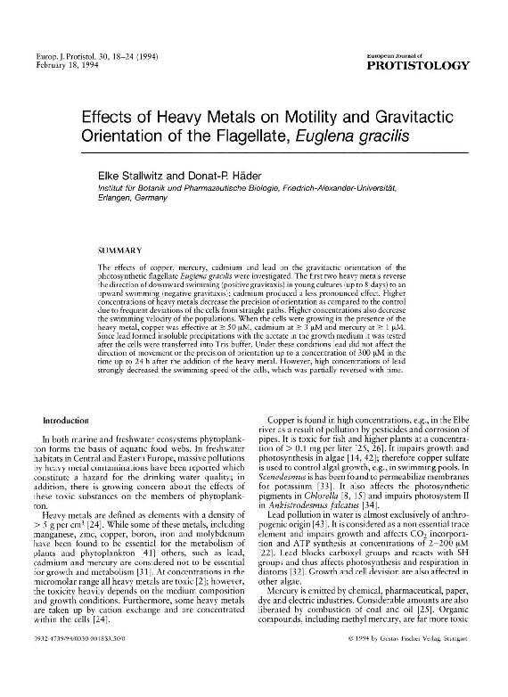 (PDF) Effects of heavy metals on motility and gravitactic orientation ...