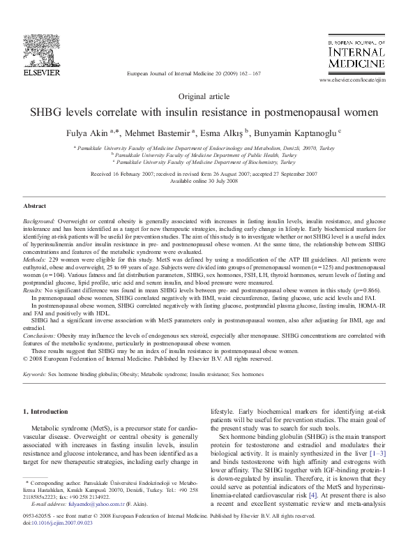 (PDF) SHBG levels correlate with insulin resistance in postmenopausal women