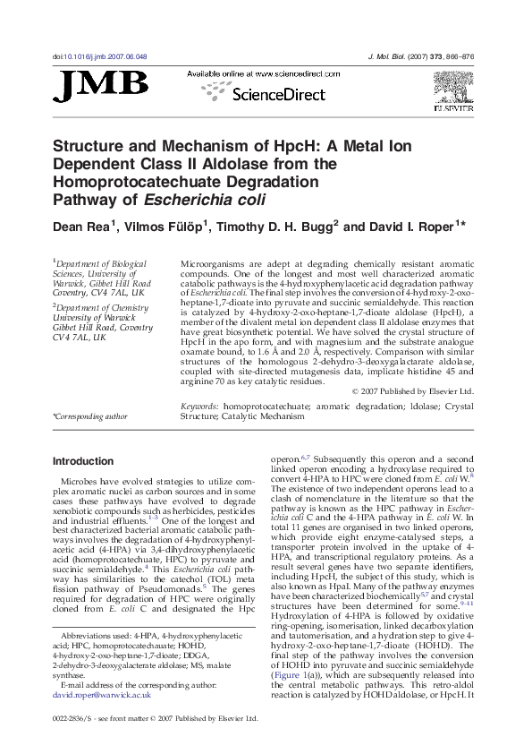 (PDF) Structure and Mechanism of HpcH: A Metal Ion Dependent Class II ...