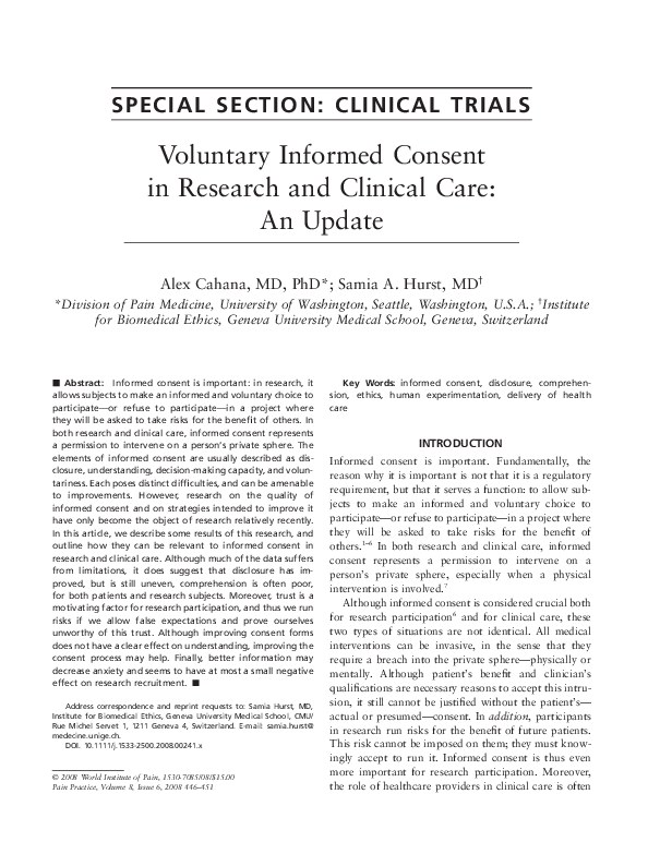 (PDF) Voluntary Informed Consent in Research and Clinical Care: An Update