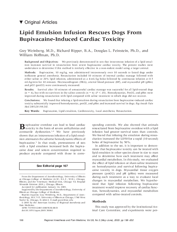 (PDF) Lipid Emulsion Infusion Rescues Dogs From BupivacaineInduced