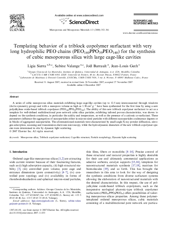 (PDF) Templating behavior of a triblock copolymer surfactant with very ...