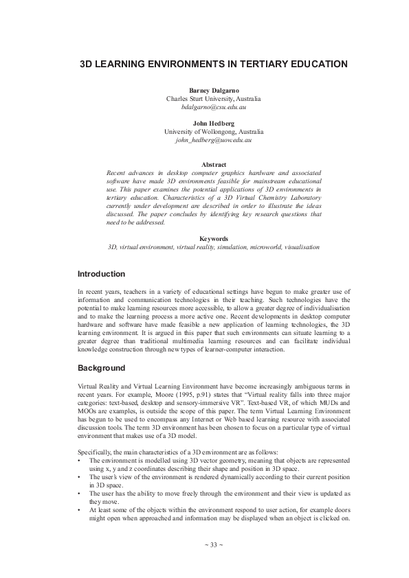 (PDF) 3D learning environments in tertiary education