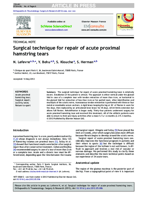 (PDF) Surgical technique for repair of acute proximal hamstring tears