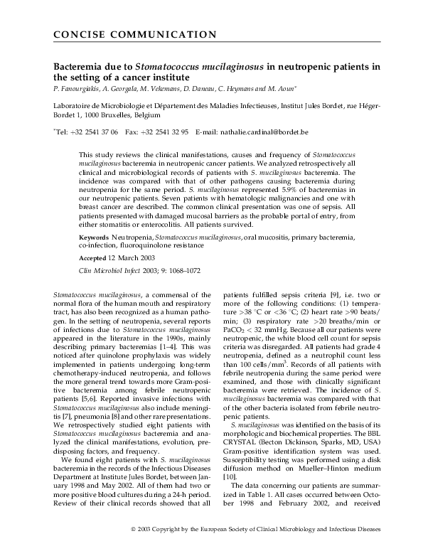 (PDF) Bacteremia due to Stomatococcus mucilaginosus in neutropenic ...