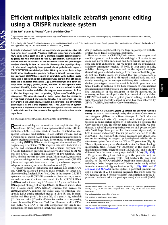 (PDF) Efficient multiplex biallelic zebrafish genome editing using a ...