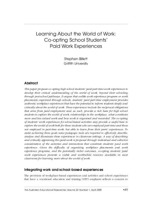 (PDF) Learning about the world of work Coopting school students’ paid