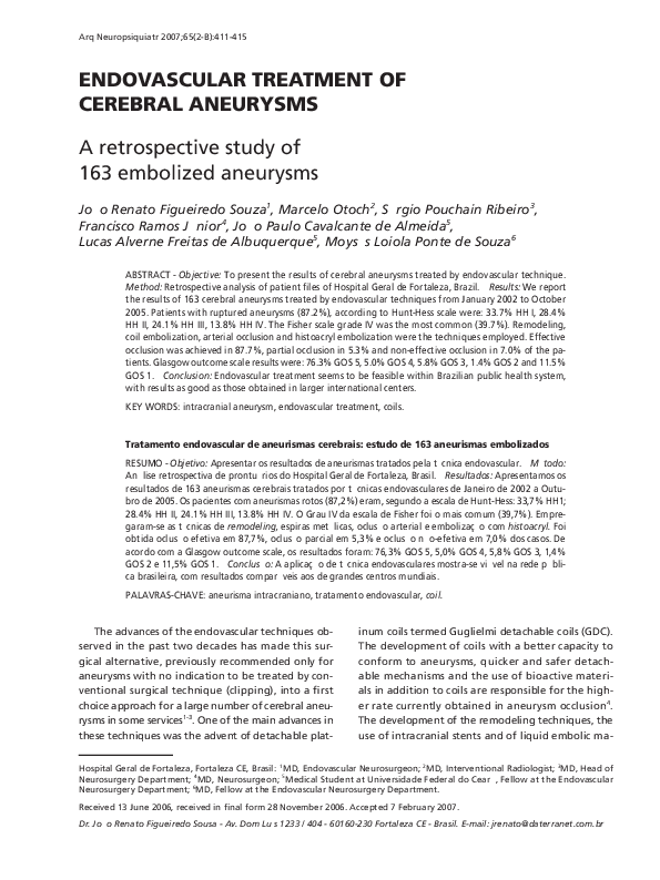 (PDF) Endovascular treatment of cerebral aneurysms: a retrospective ...