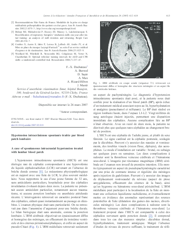PDF) Hypotension intracrânienne spontanée traitée par blood patch 