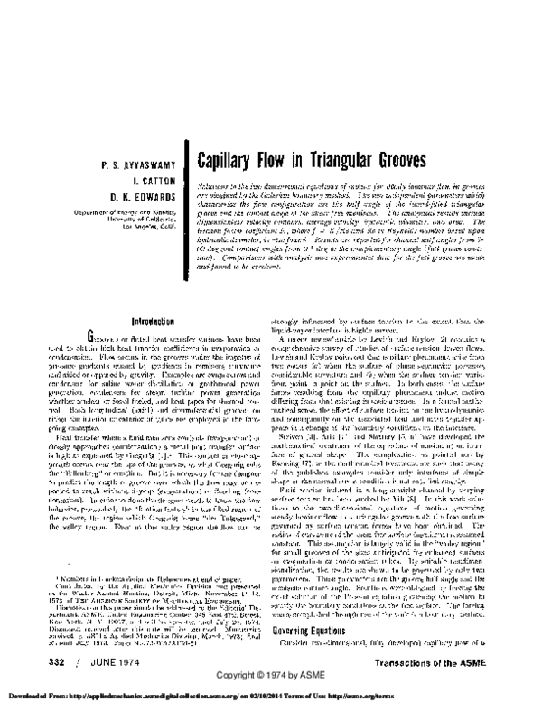(PDF) Capillary Flow in Triangular Grooves | Ivan Catton - Academia.edu
