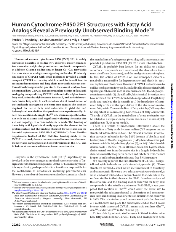 (PDF) Human Cytochrome P450 2E1 Structures with Fatty Acid Analogs ...