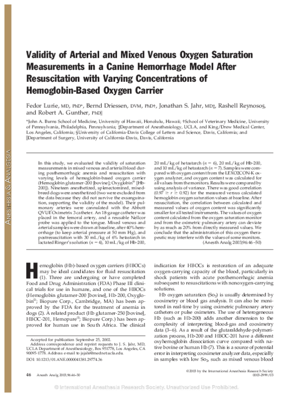 (PDF) Validity of Arterial and Mixed Venous Oxygen Saturation ...