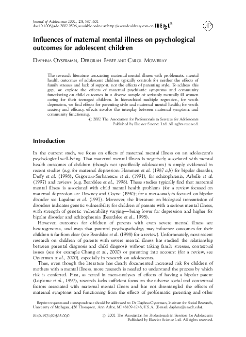 (PDF) Influences of maternal mental illness on psychological outcomes ...
