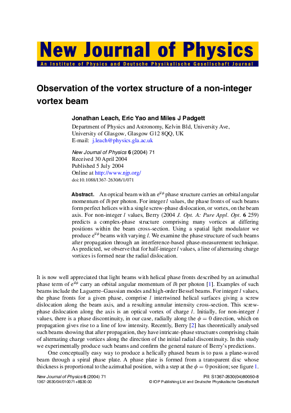 (PDF) Observation of the vortex structure of a non-integer vortex beam
