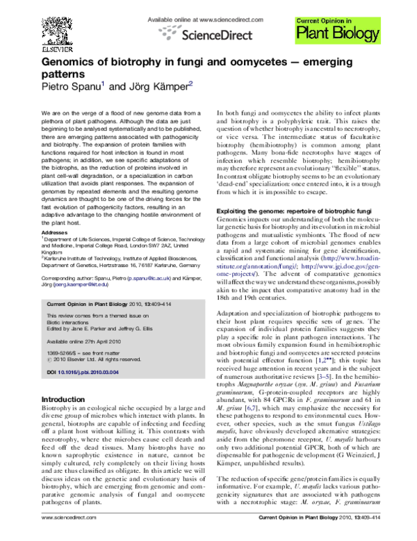 (PDF) Genomics of biotrophy in fungi and oomycetes—emerging patterns