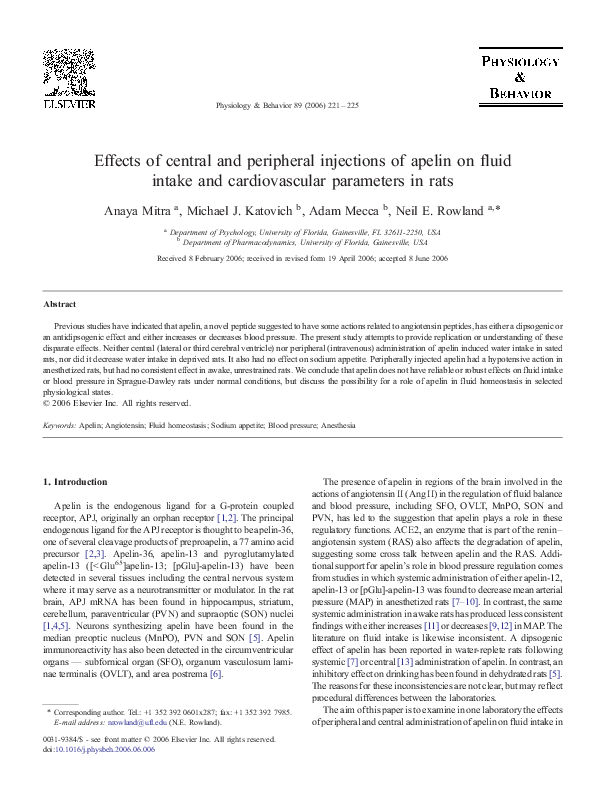 (PDF) Effects of central and peripheral injections of apelin on fluid ...