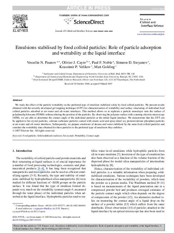 (PDF) Emulsions stabilised by food colloid particles: Role of particle ...