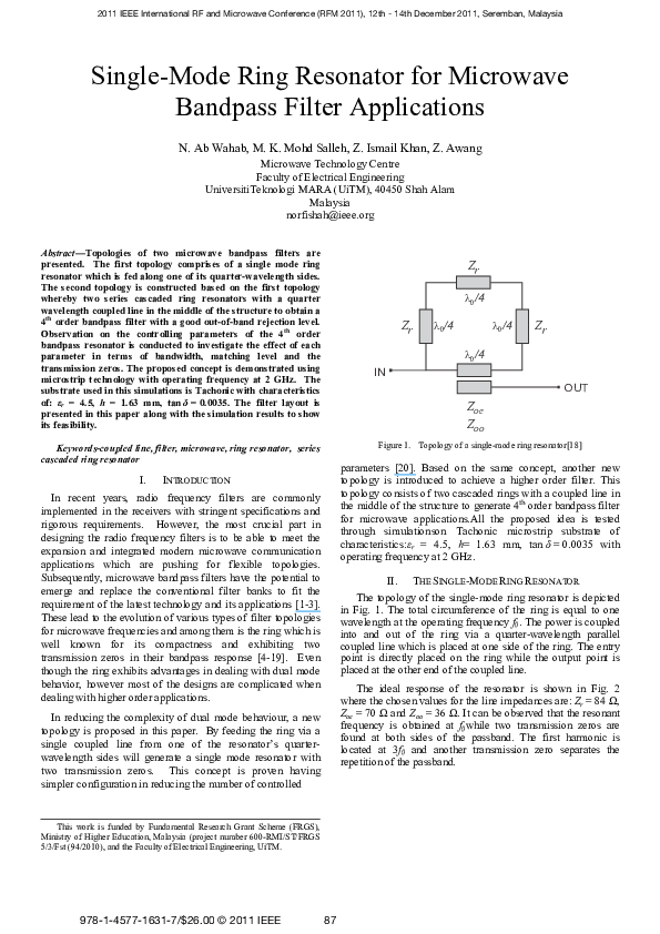 (PDF) Single-mode ring resonator for microwave bandpass filter applications