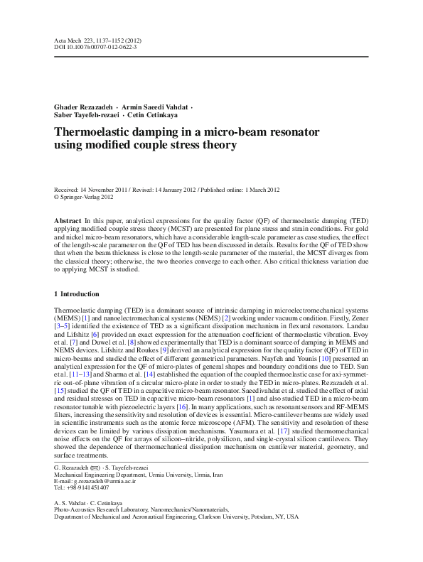 (PDF) Thermoelastic damping in a micro-beam resonator using modified ...