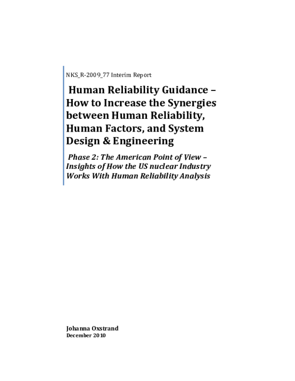 (PDF) Human Reliability Guidance – How to Increase the Synergies ...