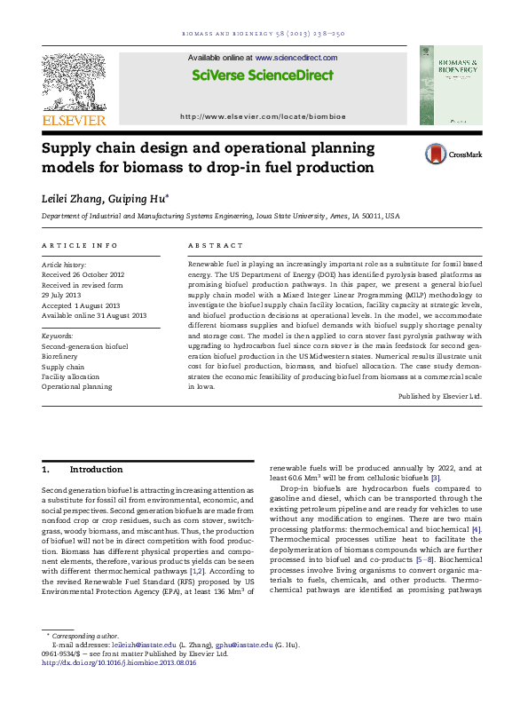 (PDF) Supply chain design and operational planning models for biomass ...