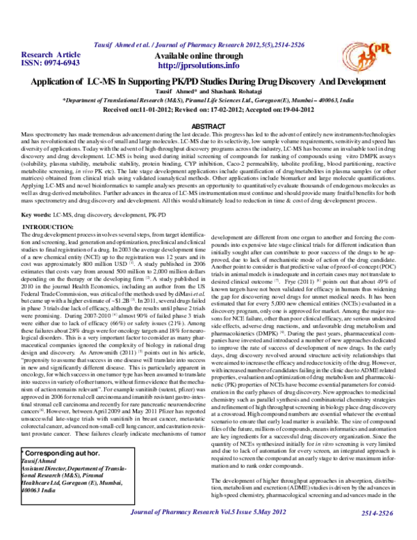 (PDF) Application of LC-MS In Supporting PK/PD Studies During Drug ...