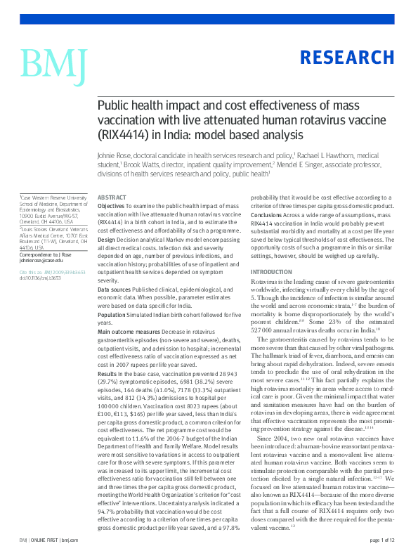 (PDF) Public health impact and cost effectiveness of mass vaccination ...