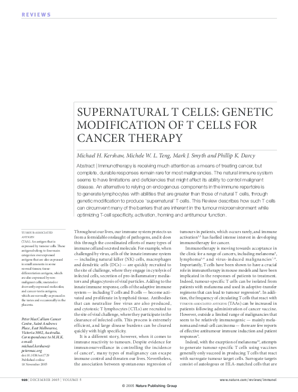 (PDF) Supernatural T cells: genetic modification of T cells for cancer ...
