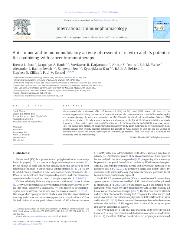 (PDF) Anti-tumor and immunomodulatory activity of resveratrol in vitro ...