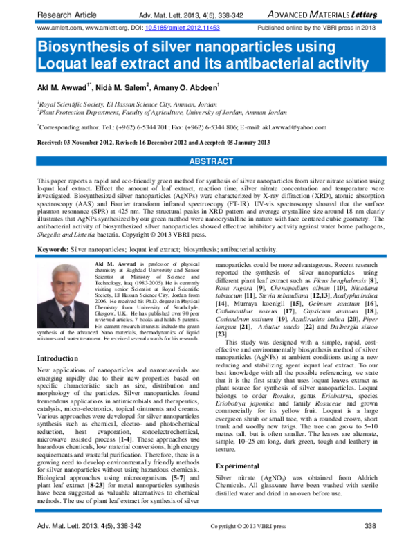 (PDF) Biosynthesis of silver nanoparticles using Loquat leaf extract ...