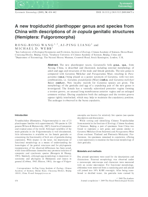 (PDF) A new tropiduchid planthopper genus and species from China with ...